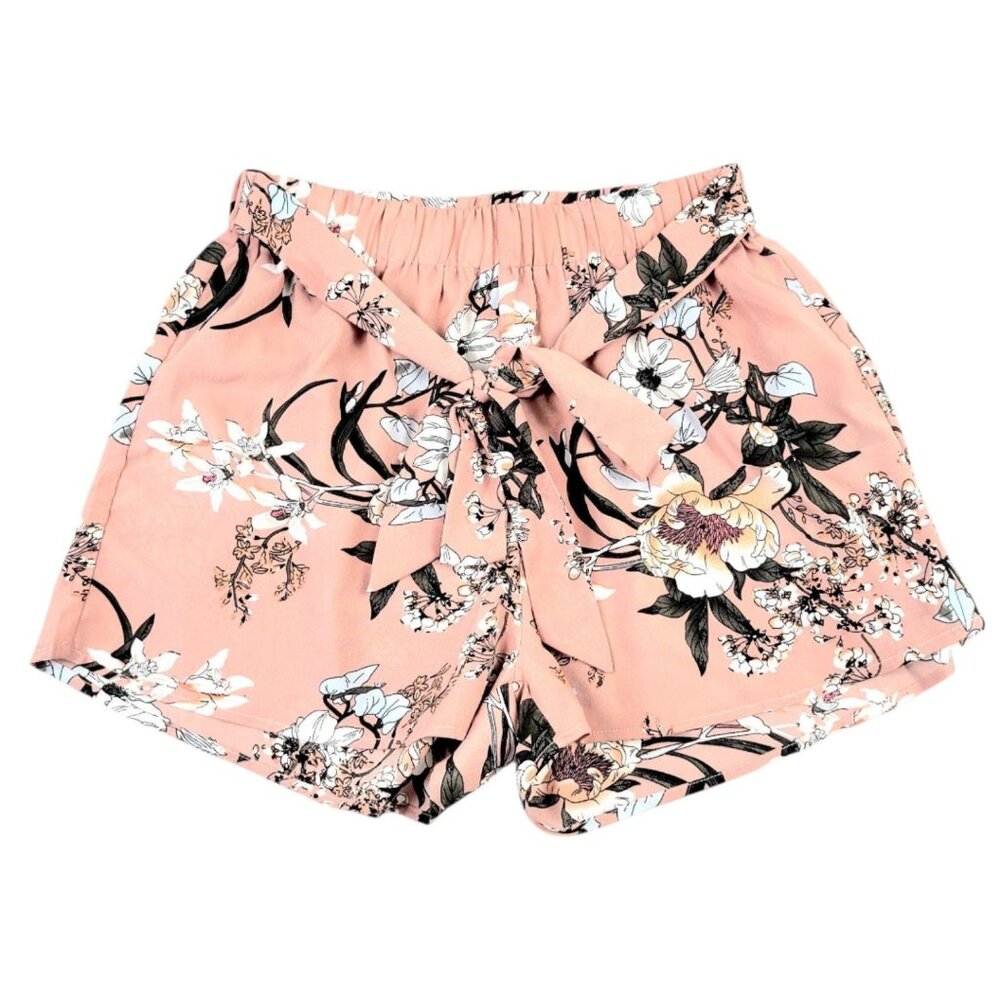 Women's Shein L Floral Belted Paper Bag Shorts - Trendy Muave Flowy Boho Design